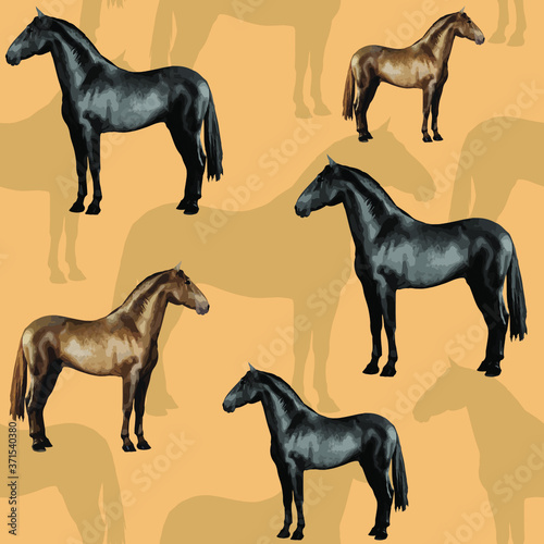 seamless background of realistic figures of horses, on a orange background for packaging, postcards, notebooks, fabrics