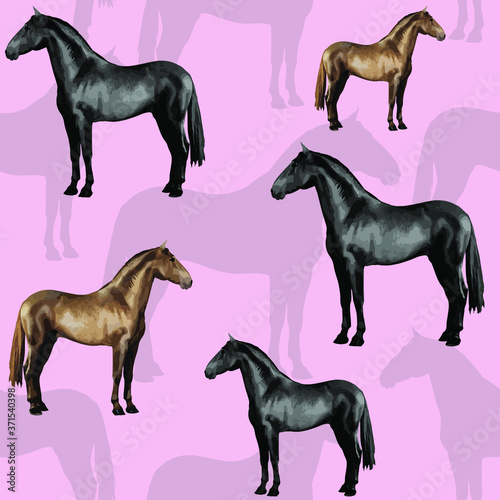 seamless background of realistic figures of horses, on a lilac background for packaging, postcards, notebooks, fabrics
