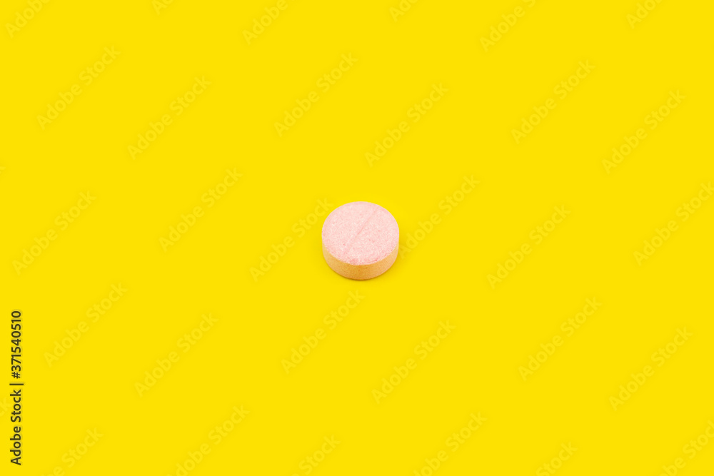 Pink pill on yellow background. Pink pill on orange background. Yellow seamless pattern and pink pill.
