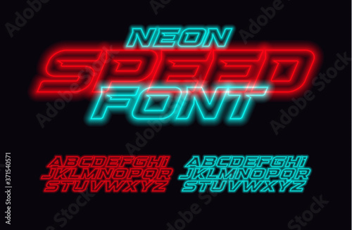 Neon Speed letters set. Red and blue race font. Cyberpunk Italic bold style vector alphabet. Fonts for event, promo, logo, banner, monogram and poster. Racing Typeset design