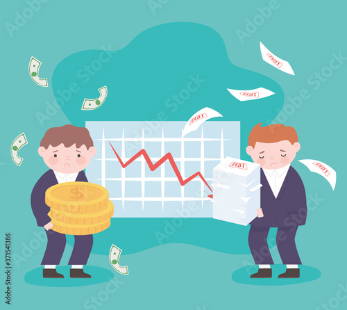 bankruptcy businessmen holds coins and sheets chart down arrow business financial crisis