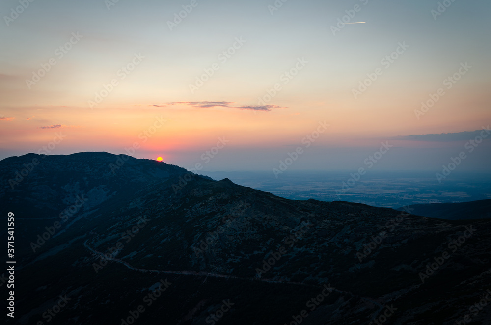 Mountain landscape at sunset with the haze covering the valley, Sierra de Francia, Salamanca, Spain