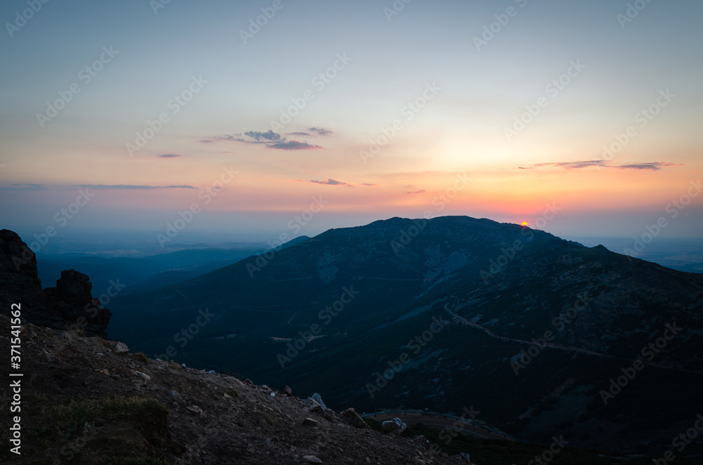 Mountain landscape at sunset with the haze covering the valley, Sierra de Francia, Salamanca, Spain