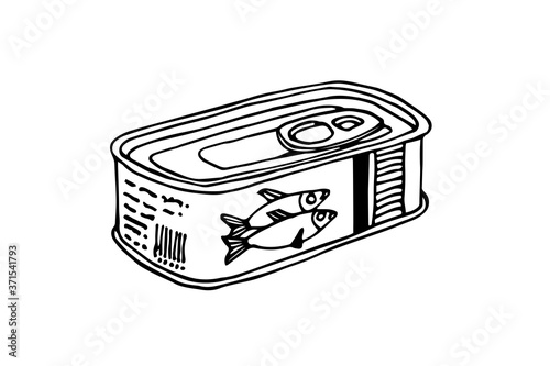 canned sprats, delicious seafood, for icon, logo or emblem, vector illustration with black ink contour lines isolated on a white background in a hand drawn & doodle style