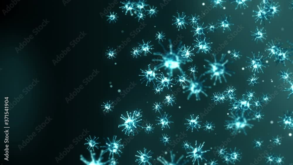 Flying many virus cells on black background. Medical concept, Microscopic illustration. 3D animation of virus molecule rotating. Loop animation.