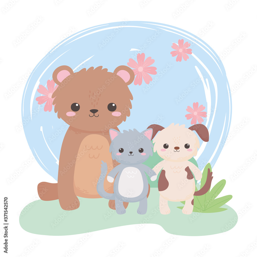 cute little bear cat dog flowers bush grass cartoon animals in a natural landscape cute little bear cat dog flowers bush grass cartoon animals in a natural landscape
