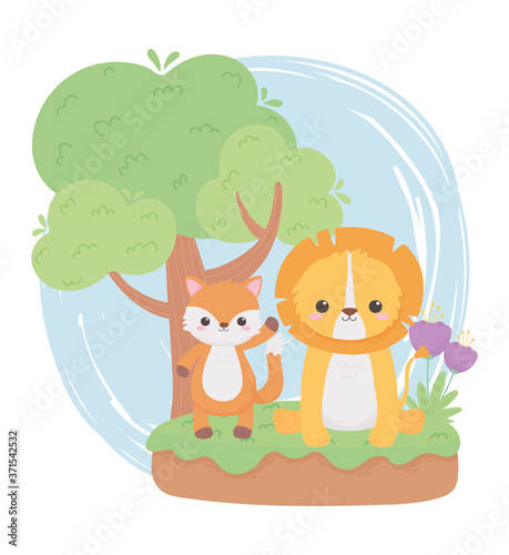 cute little lion fox flowers tree grass cartoon animals in a natural landscape