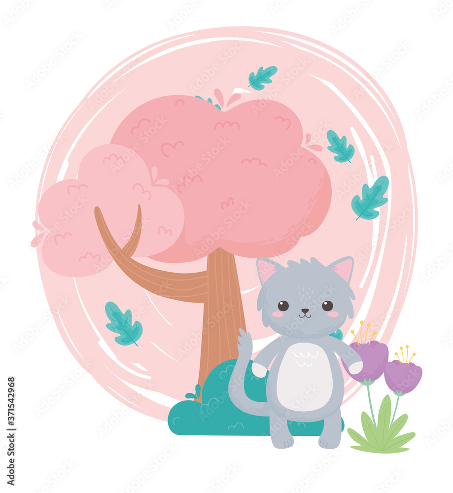 cute gray cat flowers tree bush cartoon animals in a natural landscape cute gray cat flowers tree bush cartoon animals in a natural landscape