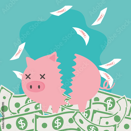bankruptcy business financial crisis broken piggy bank falling debt and banknotes money