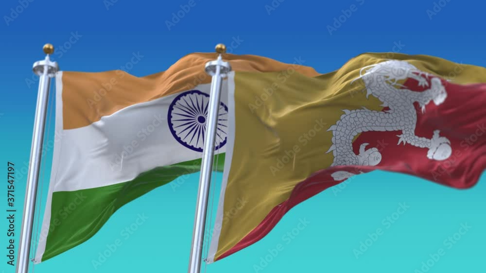 4k Seamless India and Bhutan Flags with blue sky background;A fully digital rendering;The animation loops at 20 seconds;IND.