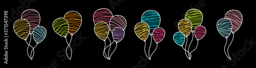 Bunch balloon birthday line chalk graphic set. Colorful bunches and groups helium air balloons. Birthday party cartoon flat outline collection. Anniversary surprise gift. Isolated vector illustration