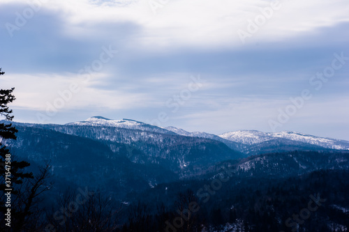 Beautiful winter landscape. Mountain and forest covered with snow, background blue sky.