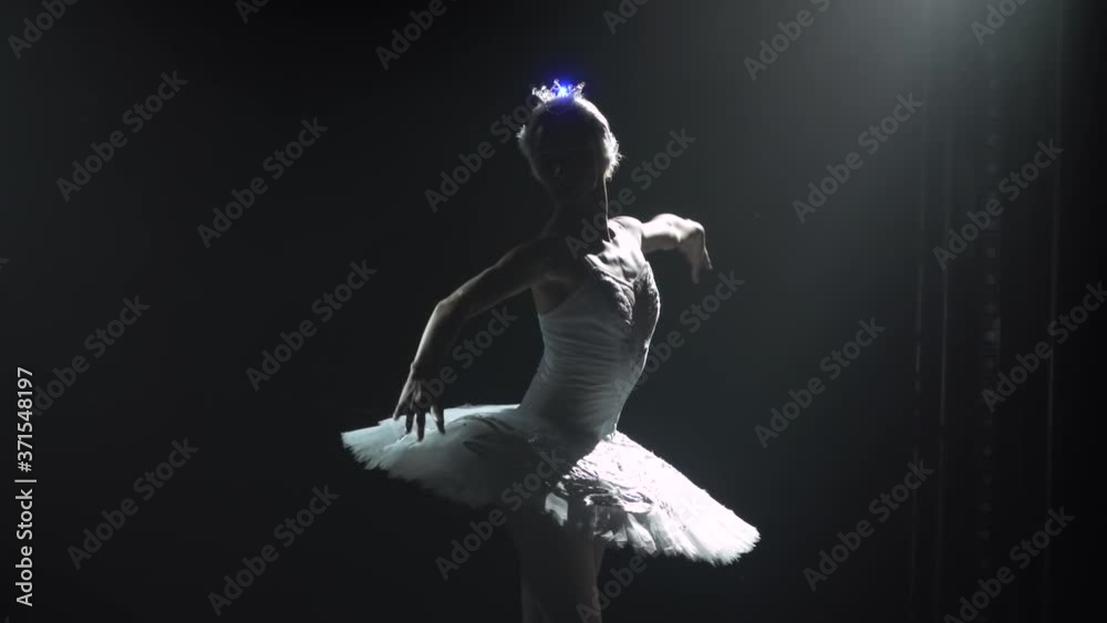 Classical ballet choreography perfoming by young beautiful graceful ballerina in white tutu. Silhouette of a slim figure. Shot in a darkness on spotlights background of studio. Slow motion.