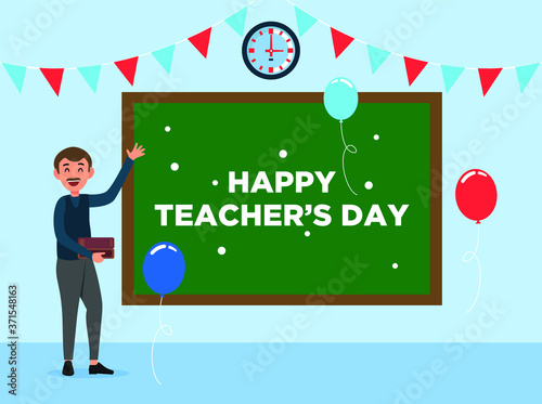 Flat design Happy Teachers Day classroom blackboard photo