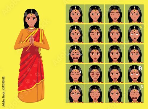 Manga Style Traditional Costume Indian Woman Costume Cartoon Character Emotions
