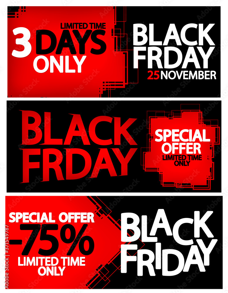 Black Friday Sale, set web banners design template, up to 75% off, 3 days only, vector illustration