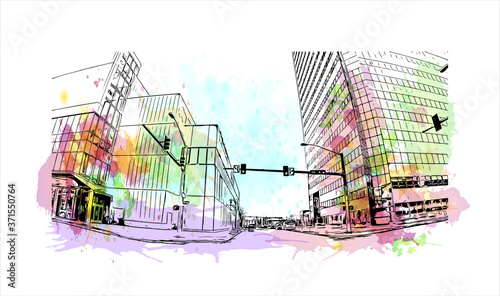 Building view with landmark of Anchorage, Alaska’s largest city, is in the south-central part of the state on the Cook Inlet. Watercolor splash with hand drawn sketch illustration in vector.