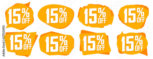 Set Sale 15% off bubble banners, discount tags design template, today offers, vector illustration