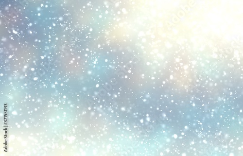 Snowfall soft pattern on blur iridescent background. Fluffy texture. Winter exterior wonderful decorative illustration. 