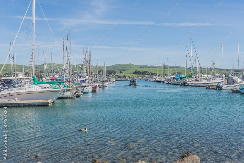 Bodega Bay, CA, EUA - MARCH 23 2016:  Boat and yatch on Bodega Bay, California, city where filmed The Birds by Alfred Hitchcock