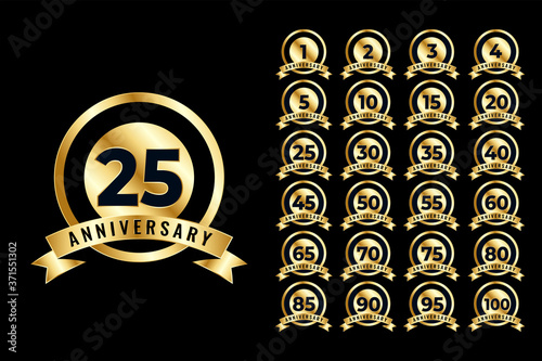 Set of anniversary logotype and  golden color for celebration event, wedding, greeting card, and invitation.