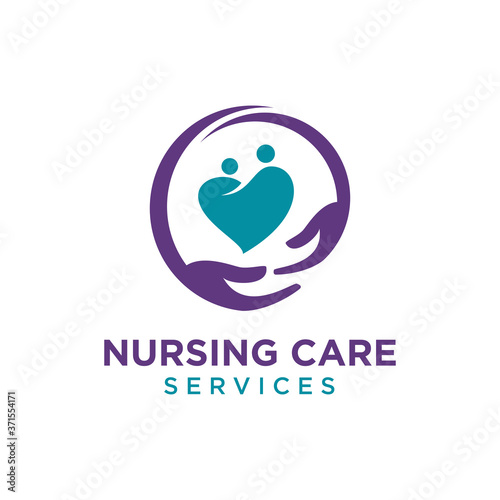 Nursing care service logo, hand hug with love human on demand vector