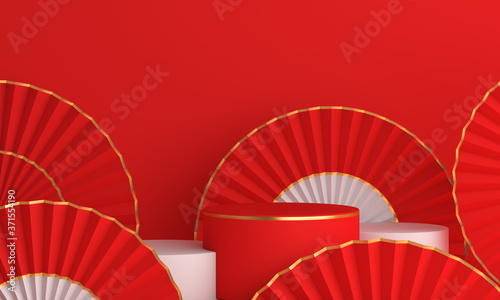 Happy Mid Autumn festival or Chinese new year podium display mockup background with hand paper fan, gong xi fa cai, template, 3D rendering illustration. photo