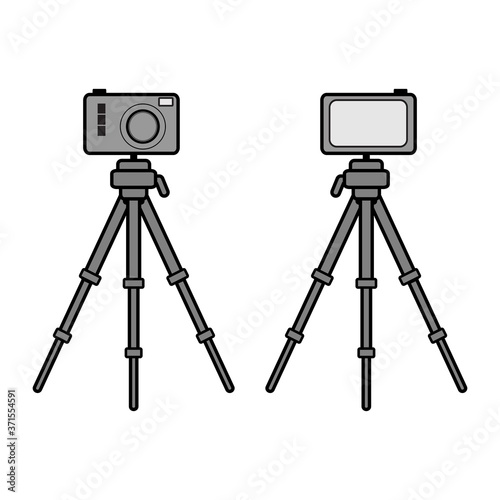 
Vector illustration of a camera and tripod. The camera looks from the front and back.