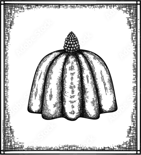 Engraved souffle with berry. Sketched mousse dessert for menu, poster, invitation.