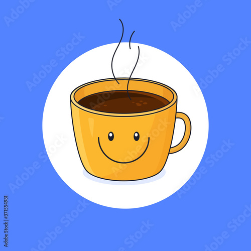 cup with smile emoticon design on the glass mug with full hot coffee vector outline illustration cartoon flat design