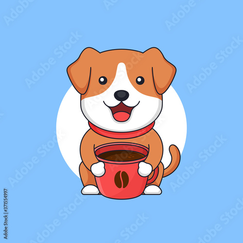 cute baby dog hold full of coffee cup mug vector outline illustration cartoon style flat design