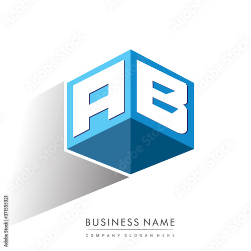 Letter AB logo in hexagon shape and blue background, cube logo with letter design for company identity.