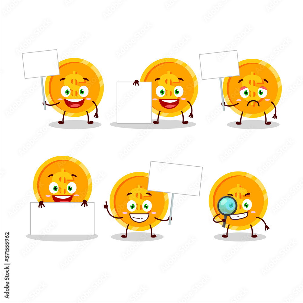Coin cartoon character in information board Coin cartoon character in information board