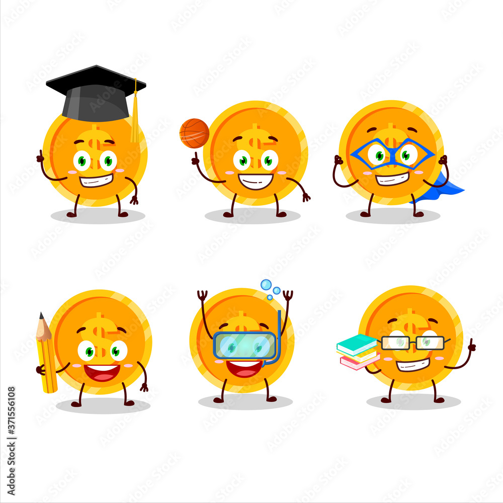 School student of coin cartoon character with various expressions School student of coin cartoon character with various expressions