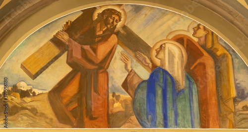 BARCELONA, SPAIN - MARCH 3, 2020: The fresco of meet his mother Mary (cross way station) in the church Santuario Nuestra Senora del Sagrado Corazon by Francesc Labarta (1960). photo