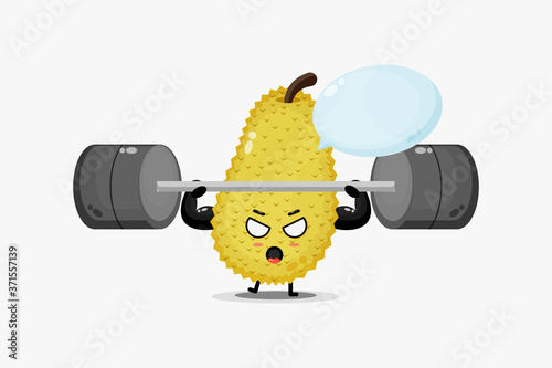 Cute jackfruit mascot raises a barbell