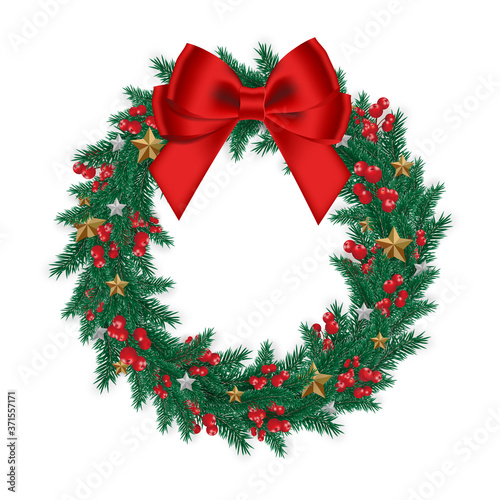 Christmas wreath decorated with fir tree, red bow,  berry, and star, isolated on white background. Circle garland. Xmas holiday ornament. Vector illustration.