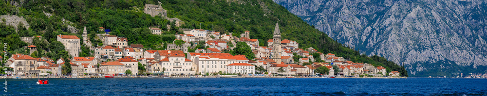 Panorama of Perast in Kotor Bay day with mountains in the background, Montenegro