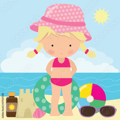 Little girl on the beach vector cartoon illustration