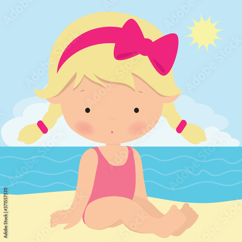 Little girl on the beach vector cartoon illustration