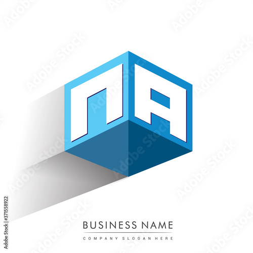 Letter NA logo in hexagon shape and blue background, cube logo with letter design for company identity.