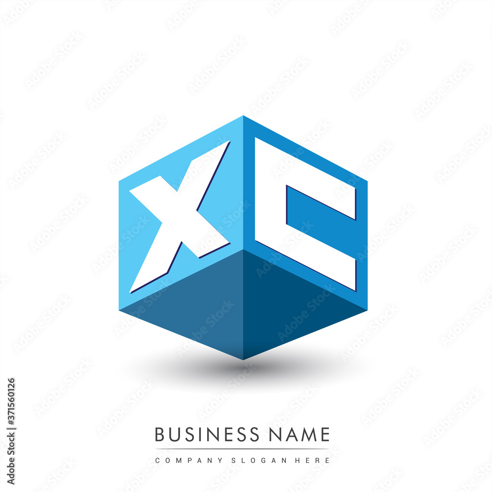 Letter XC logo in hexagon shape and blue background, cube logo with ...