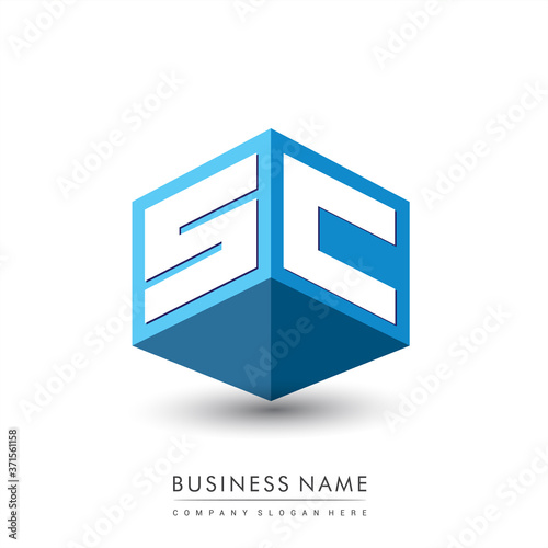 Letter SC logo in hexagon shape and blue background, cube logo with letter design for company identity.