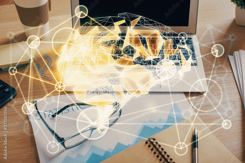 Double exposure of desktop computer and human brain drawing hologram. Ai concept. Double exposure of desktop computer and human brain drawing hologram. Ai concept.