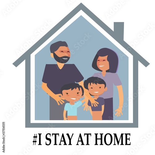I stay at home awareness social media campaign and coronavirus prevention: family smiling and staying together
