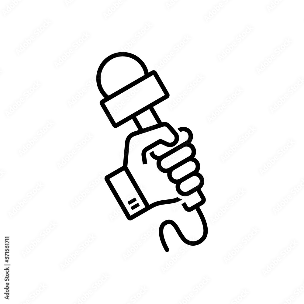 Hand holding microphone, vector linear icon. Hand holding microphone, vector linear icon.