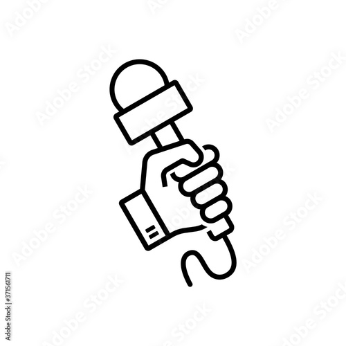Hand holding microphone, vector linear icon.