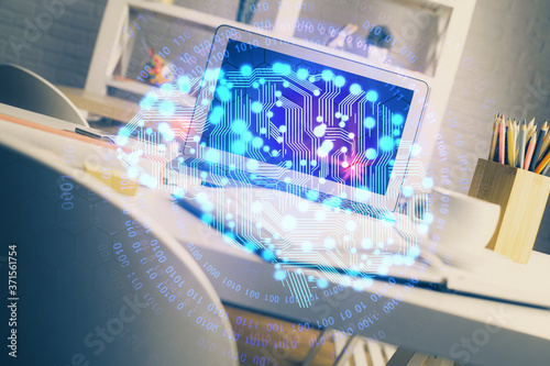 Double exposure of work space with computer and human brain drawing hologram. Brainstorm concept.