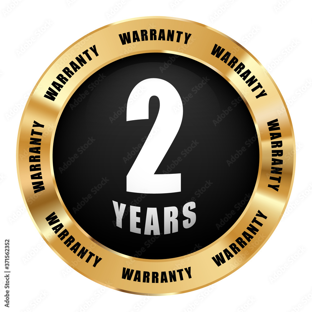 2 years warranty badge black and gold glossy metallic logo