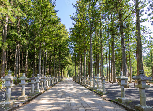 Okunoin cemetery in Koyasan Mount Koya, UNESCO world heritage site and a 1200 years old center of Japanese sect of of Shingon Buddhism in Wakayama Japan photo